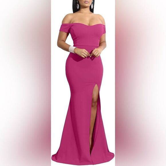 New Elegant Front Slit Off Shoulders Formal Party Long Mermaid Dress - Picture 2 of 16